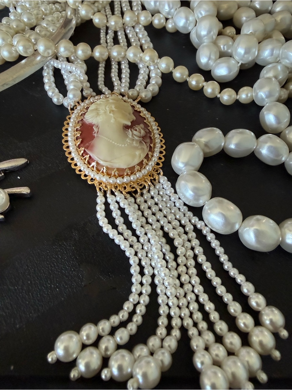 Vintage-Inspired White Pearl Multi-Strand Cameo Necklace & more - Picture 4 of 10